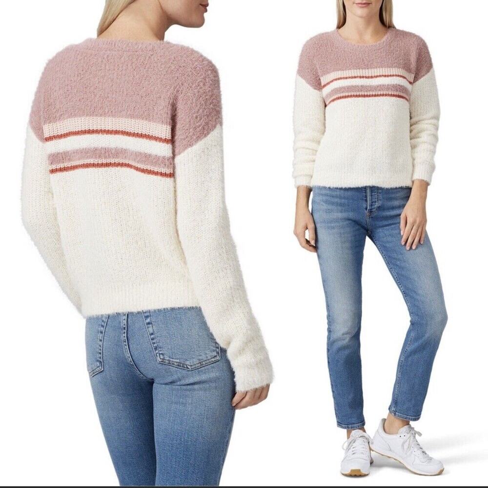LOUNA Cream and Pink Stripe Color Block Eyelash Crew Neck Sweater Soft Large